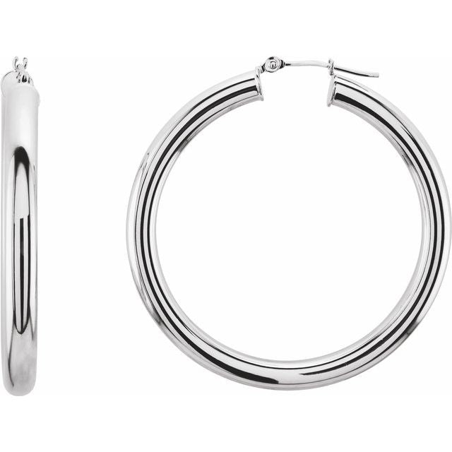 Polished Round Tube Hoop Earrings — 14K White Gold