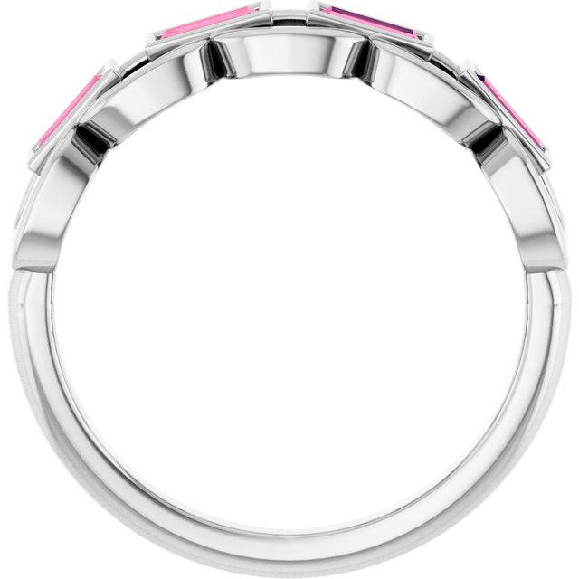 Natural Pink Tourmaline Straight baguette Chain Link Accented Ring in 14K White Gold