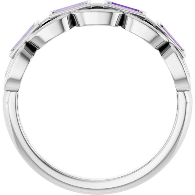 Lab-Grown Purple Sapphire Straight baguette Chain Link Accented Ring in Sterling Silver