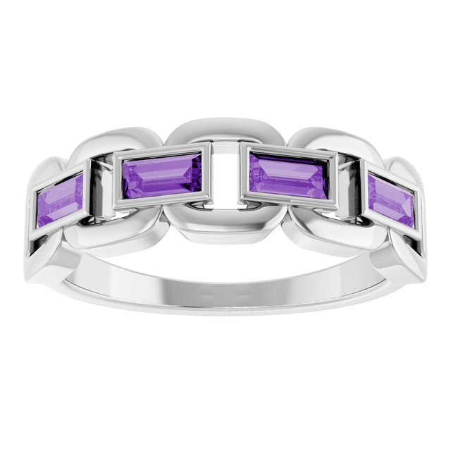 Lab-Grown Purple Sapphire Straight baguette Chain Link Accented Ring in Sterling Silver