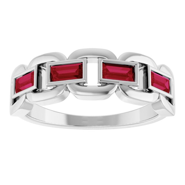 Lab-Grown Ruby Straight baguette Chain Link Accented Ring in Platinum