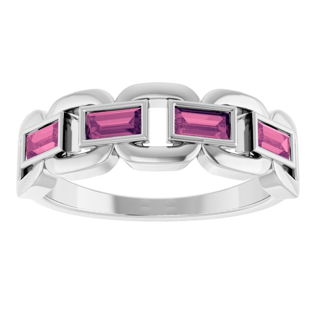 Natural Pink Tourmaline Straight baguette Chain Link Accented Ring in 14K White Gold