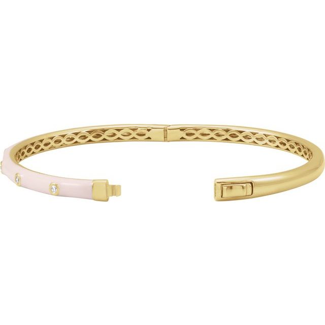 Pink Enamel & Diamond Station Hinged Bangle Bracelet — 14K Yellow Gold