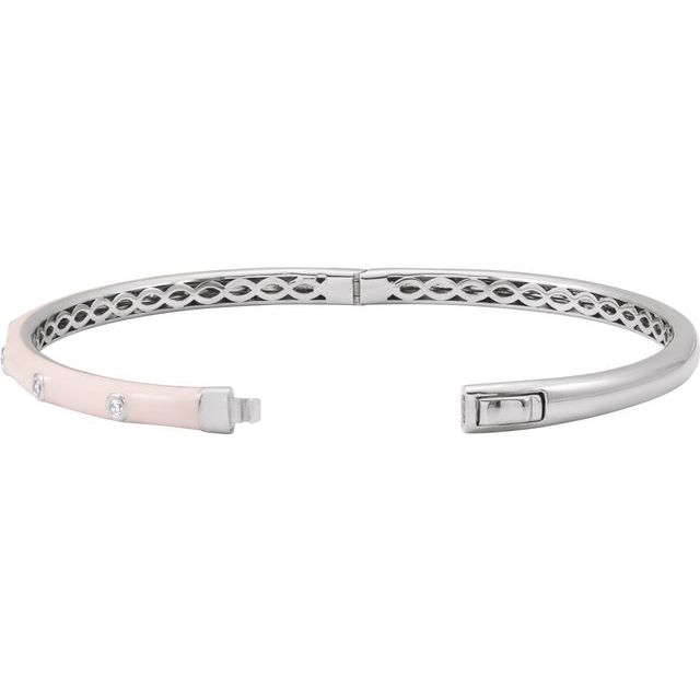 Pink Enamel & Diamond Station Hinged Bangle Bracelet — 14K White Gold