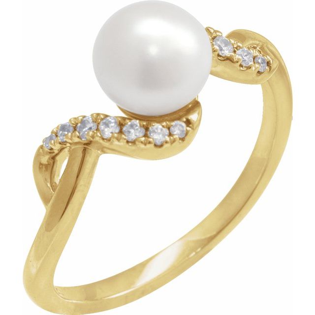 Cultured White Freshwater Pearl & Natural Diamond Bypass Ring