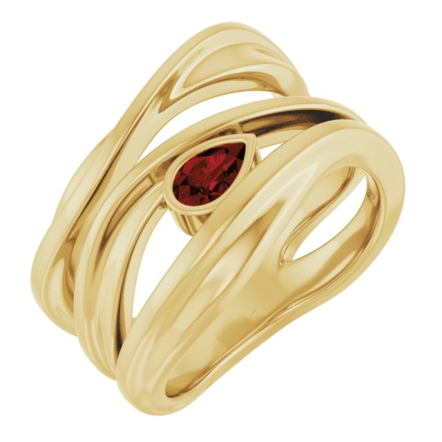 Natural Mozambique Garnet Sculpted Pear Bezel Negative Space Ring in 14K Yellow Gold