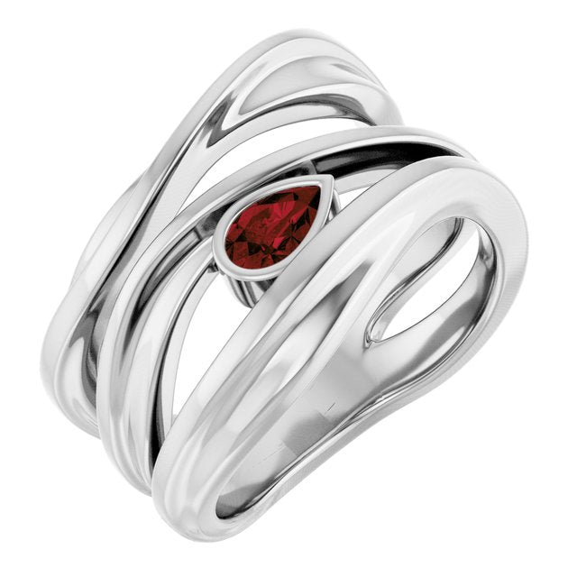 Natural Mozambique Garnet Sculpted Pear Bezel Negative Space Ring in 14K White Gold
