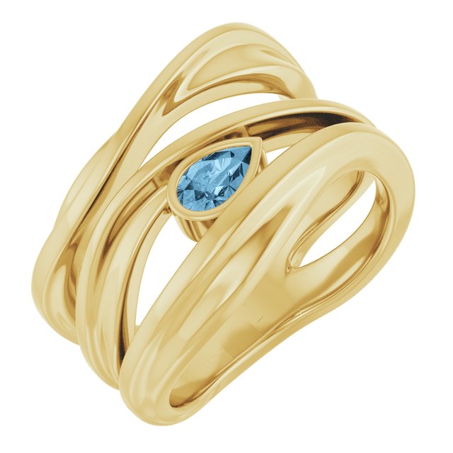 Natural Sky Blue Topaz Sculpted Pear Bezel Negative Space Ring in 14K Yellow Gold