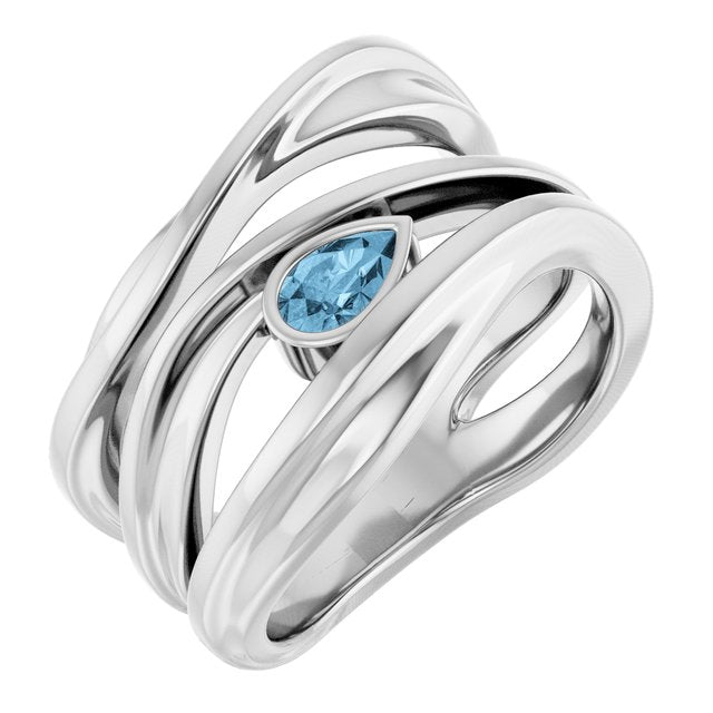 Natural Sky Blue Topaz Sculpted Pear Bezel Negative Space Ring in Sterling Silver