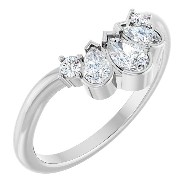 Graduated Pear & Round Diamond Curved Contour Band — 14K White Gold