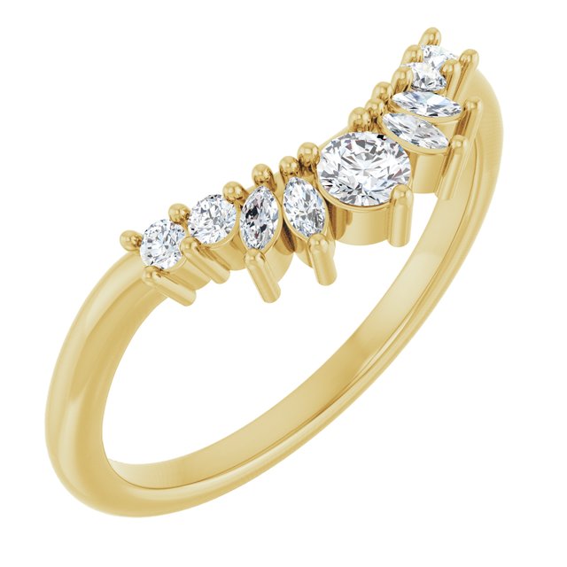 Mixed Marquise & Round Diamond Curved Contour Wedding Band — 14K Yellow Gold