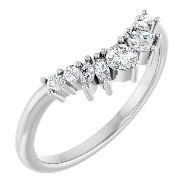 Mixed Marquise & Round Diamond Curved Contour Wedding Band — 14K White Gold