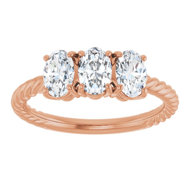 Oval Three-Stone Diamond Rope-Shank Ring — 14K Rose Gold