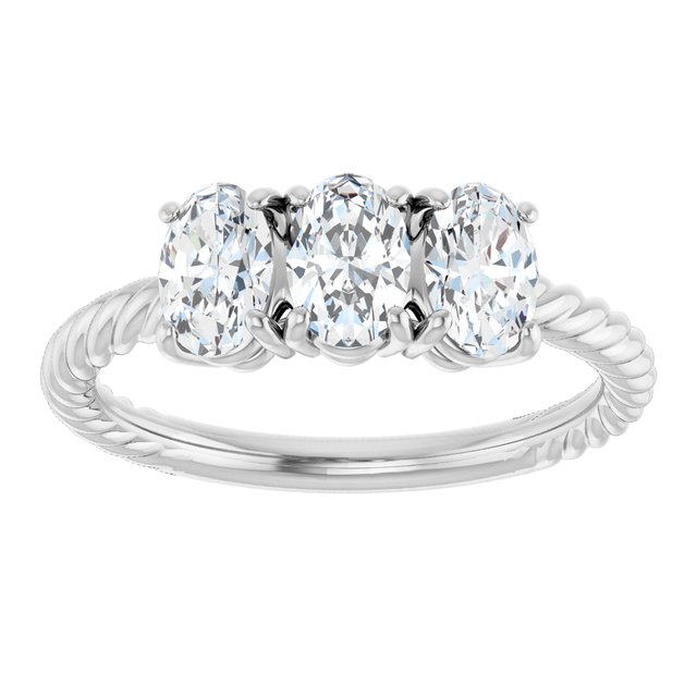 Oval Three-Stone Diamond Rope-Shank Ring — 14K White Gold