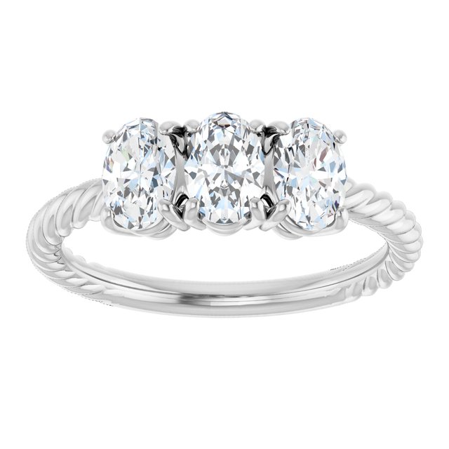 Oval Three-Stone Diamond Rope-Shank Ring — 14K White Gold