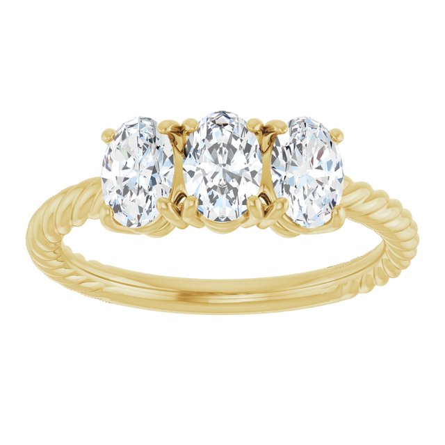 Oval Three-Stone Diamond Rope-Shank Ring — 14K Yellow Gold