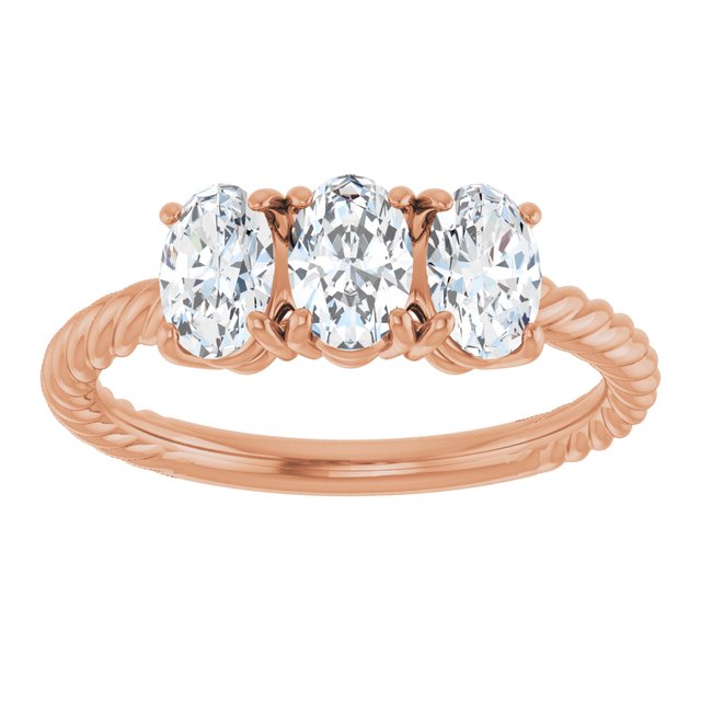 Oval Three-Stone Diamond Rope-Shank Ring — 14K Rose Gold