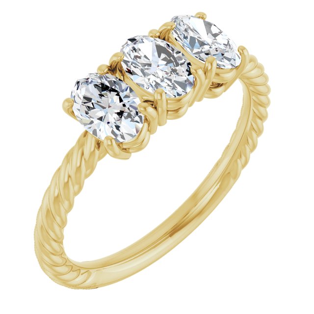 Oval Three-Stone Diamond Rope-Shank Ring — 14K Yellow Gold