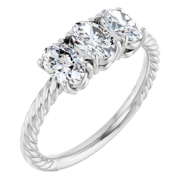 Oval Three-Stone Diamond Rope-Shank Ring — 14K White Gold