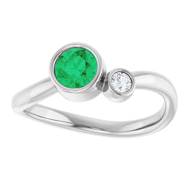 Lab-Grown Emerald Round Accented Bezel-Set Ring in 14K White Gold
