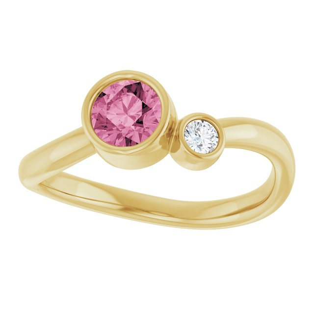 Natural Pink Tourmaline Round Accented Bezel-Set Ring in 14K Yellow Gold
