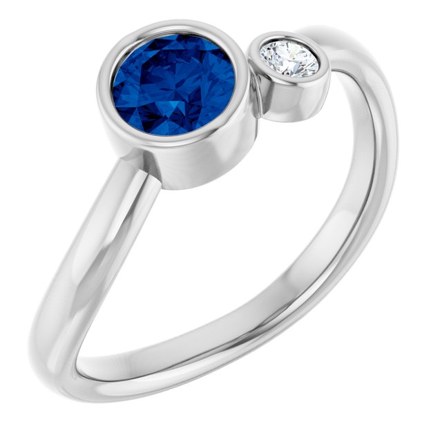 Lab-Grown Blue Sapphire Round Accented Bezel-Set Ring in 14K White Gold