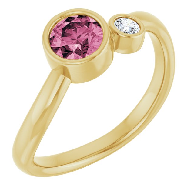 Natural Pink Tourmaline Round Accented Bezel-Set Ring in 14K Yellow Gold