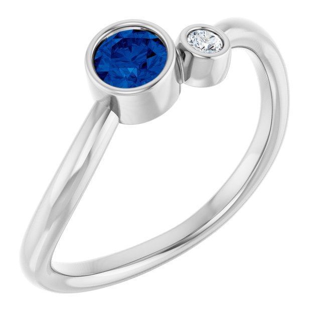 Natural Blue Sapphire Round Accented Bezel-Set Ring in 14K White Gold