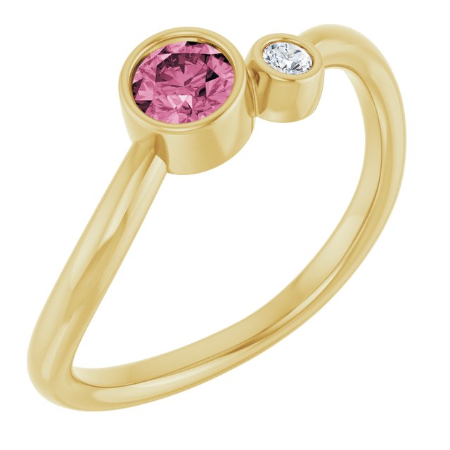 Natural Pink Tourmaline Round Accented Bezel-Set Ring in 14K Yellow Gold
