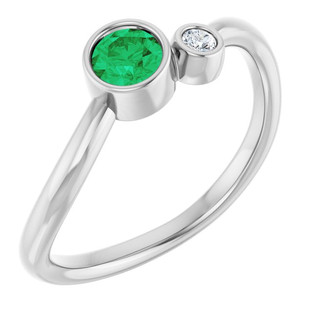 Natural Emerald Round Accented Bezel-Set Ring in 14K White Gold