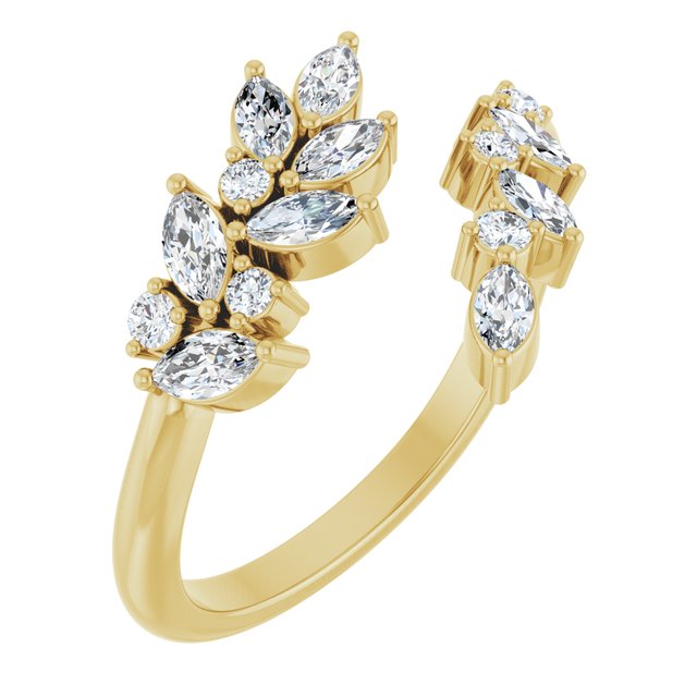 Marquise & Round Diamond Laurel Leaf Open Bypass Ring — 14K Yellow Gold