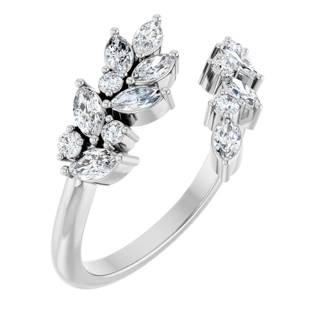 Marquise & Round Diamond Laurel Leaf Open Bypass Ring — Platinum