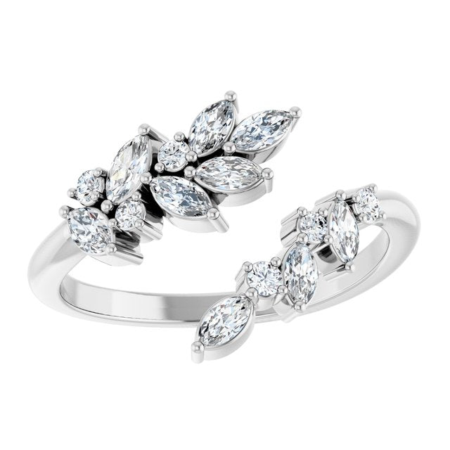 Marquise & Round Diamond Laurel Leaf Open Bypass Ring — Sterling Silver