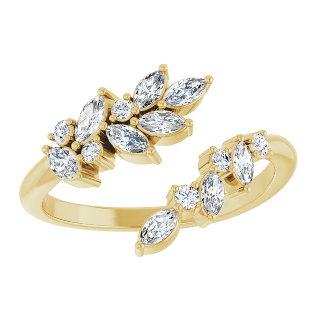 Marquise & Round Diamond Laurel Leaf Open Bypass Ring — 14K Yellow Gold
