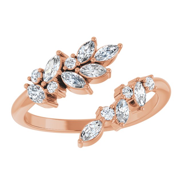 Marquise & Round Diamond Laurel Leaf Open Bypass Ring — 14K Rose Gold