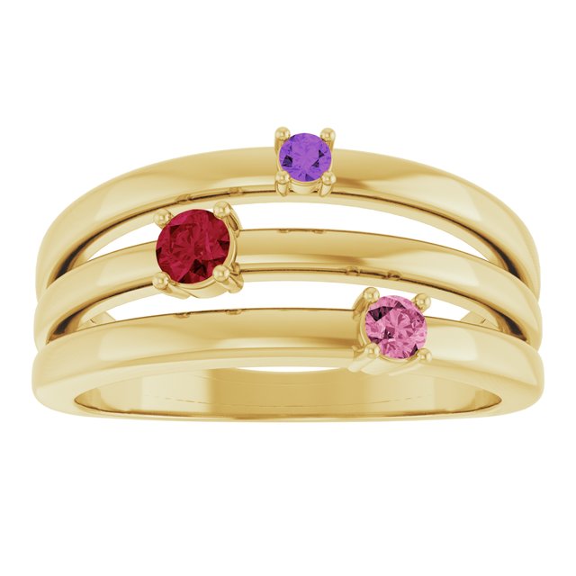 Three-Stone Open-Band Family Birthstone Ring — 14K Yellow Gold
