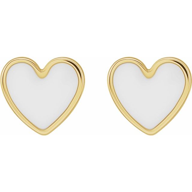 Enamel Heart Bezel Stud Earrings — 14K Yellow Gold